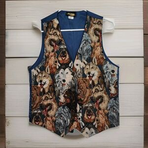 Vintage 1990s button-up tapestry vest, men's small, dog pattern w/ blue back